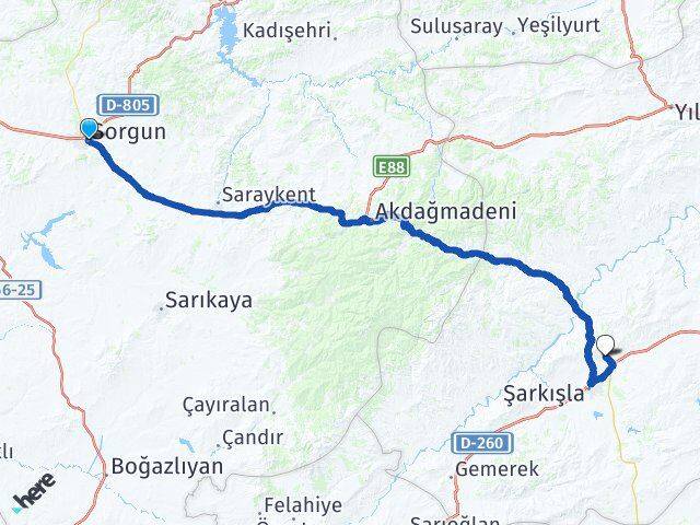 Yozgat Sorgun Elmalı Şarkışla Sivas Arası Kaç Km - Yol Haritası