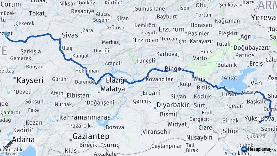 Yozgat Sorgun Hakkari Arası Kaç Km - Yol Haritası