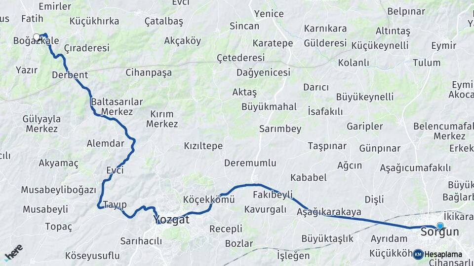 Yozgat Sorgun Hattusas Boğazkale Çorum Arası Kaç Km - Yol Haritası