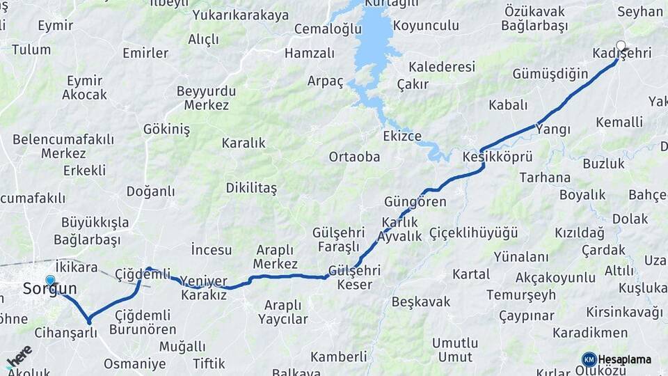 Yozgat Sorgun Kadışehri Arası Kaç Km - Yol Haritası