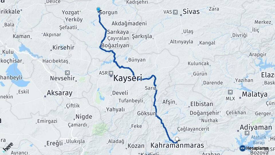 Yozgat Sorgun Kahramanmaraş Arası Kaç Km - Yol Haritası