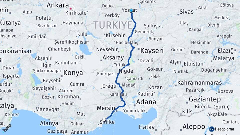 Yozgat Sorgun Kızkalesi Erdemli Mersin Arası Kaç Km - Yol Haritası