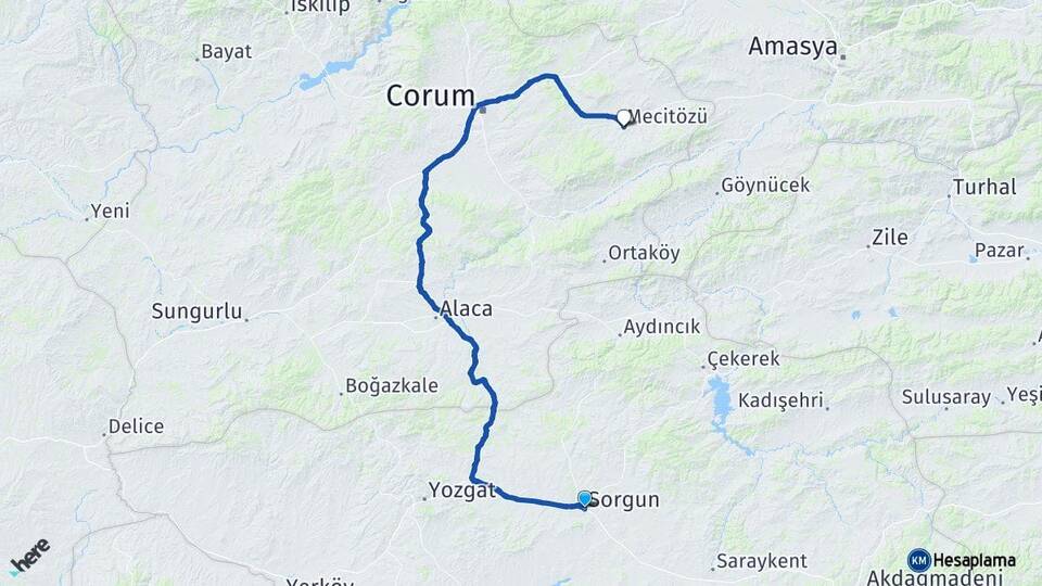 Yozgat Sorgun Mecitözü Çorum Arası Kaç Km - Yol Haritası