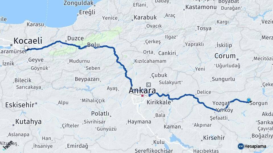 Yozgat Sorgun Sapanca Sakarya Arası Kaç Km - Yol Haritası