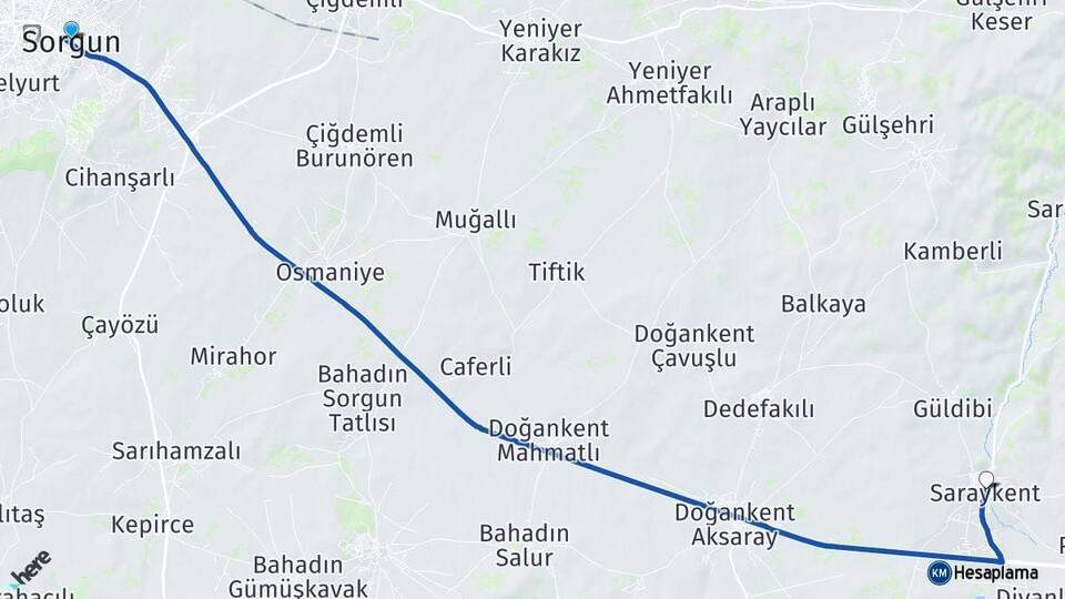 Yozgat Sorgun Saraykent Arası Kaç Km - Yol Haritası
