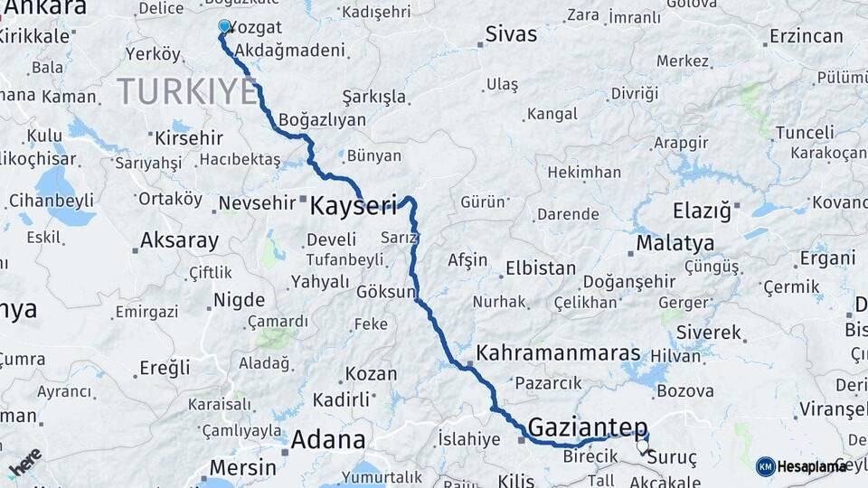 Yozgat Suruç Şanlıurfa Arası Kaç Km - Yol Haritası
