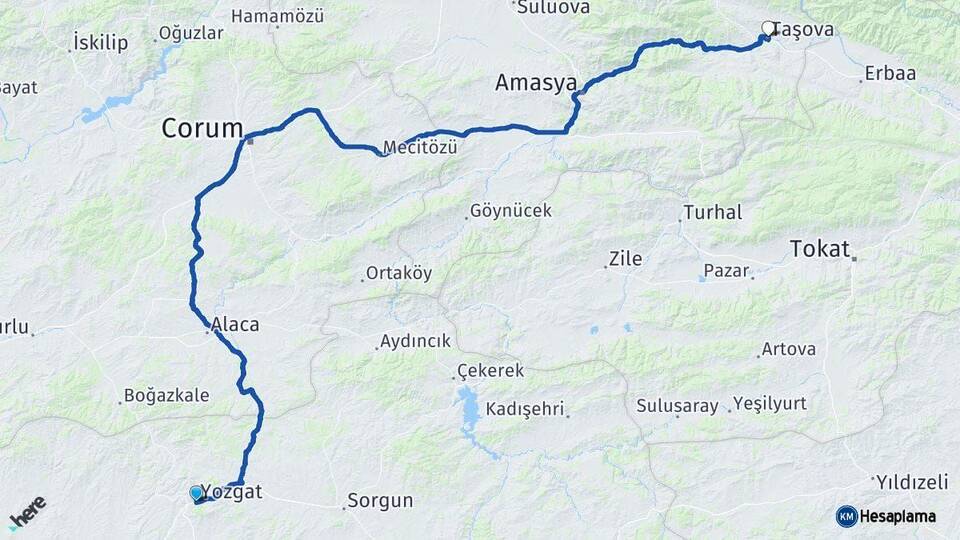 Yozgat Taşova Amasya Arası Kaç Km - Yol Haritası