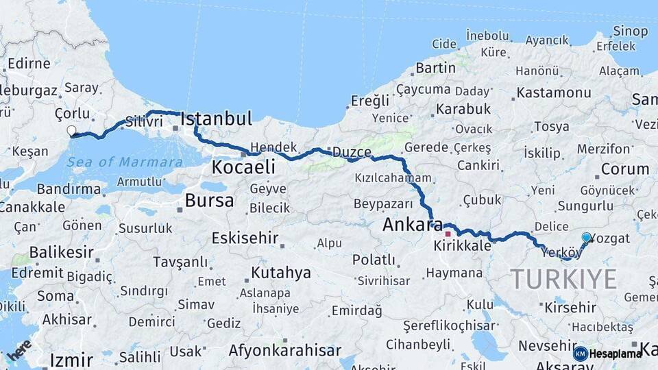 Yozgat Tekirdağ Arası Kaç Km - Yol Haritası