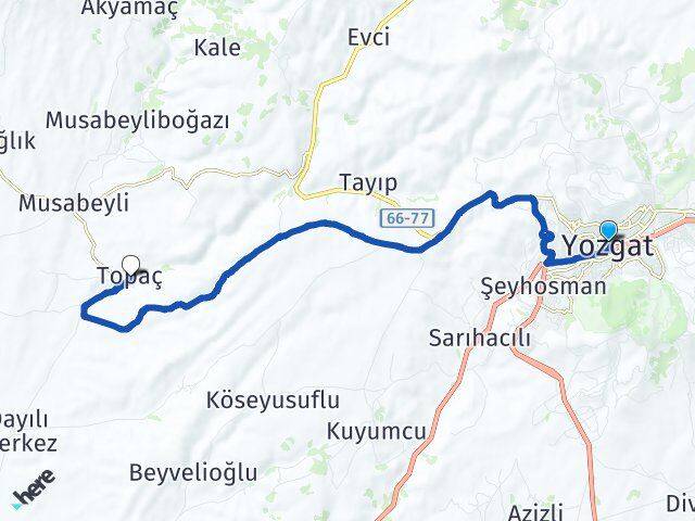 Yozgat Topaç Arası Kaç Km - Yol Haritası