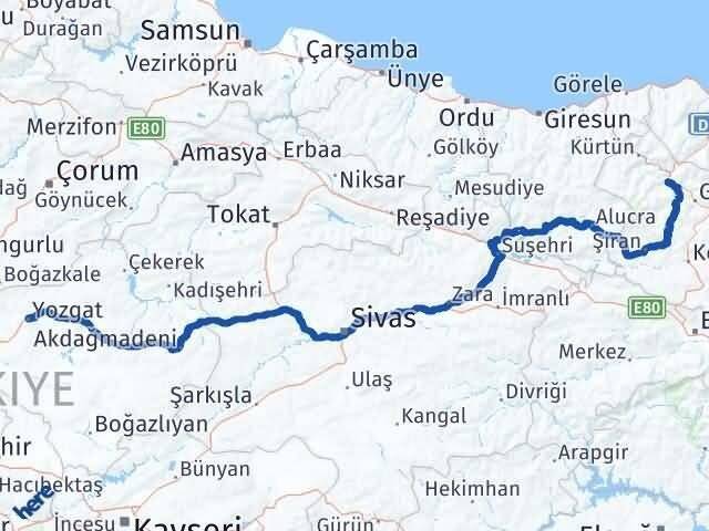 Yozgat Torul Gümüşhane Arası Kaç Km - Yol Haritası