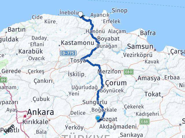 Yozgat Türkeli Sinop Arası Kaç Km - Yol Haritası