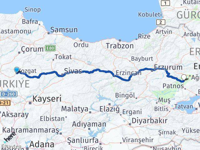 Yozgat Tutak Ağrı Arası Kaç Km - Yol Haritası