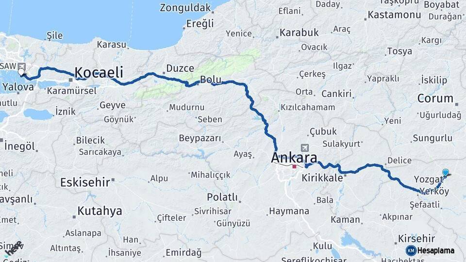 Yozgat Tuzla İstanbul Arası Kaç Km - Yol Haritası