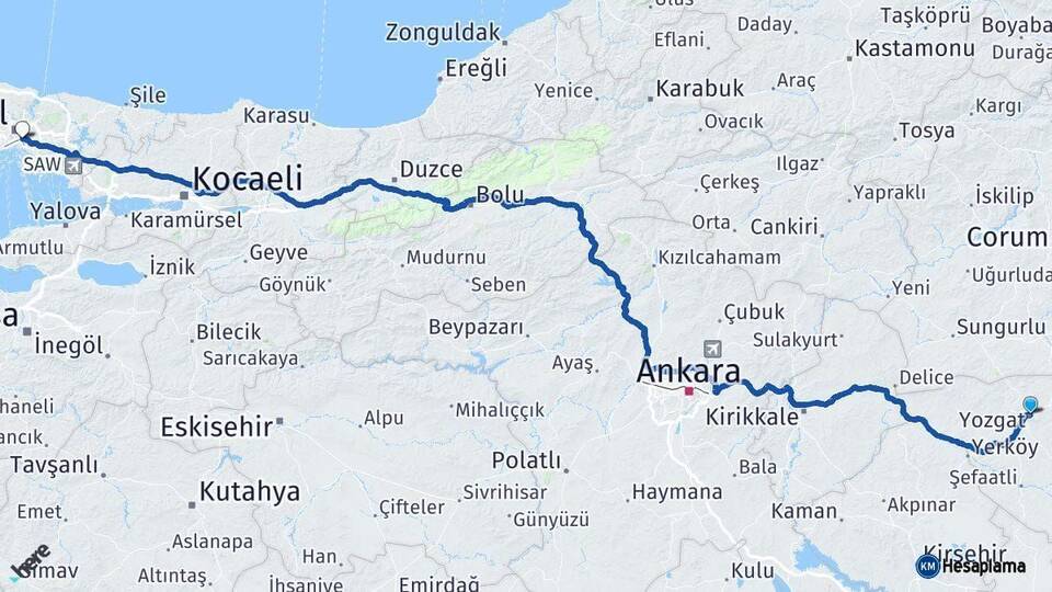 Yozgat Üsküdar İstanbul Arası Kaç Km - Yol Haritası