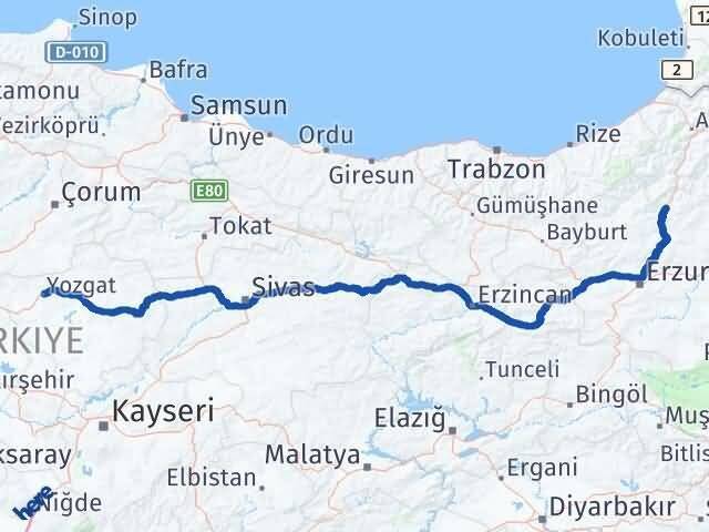 Yozgat Uzundere Erzurum Arası Kaç Km - Yol Haritası
