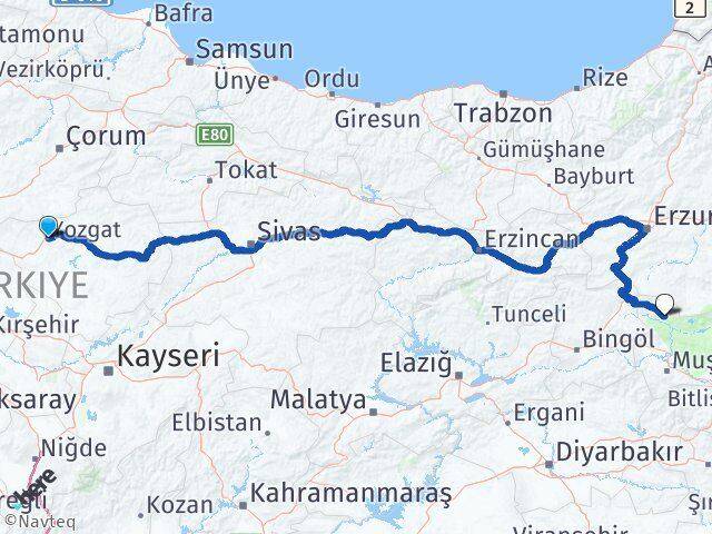 Yozgat Varto Muş Arası Kaç Km - Yol Haritası