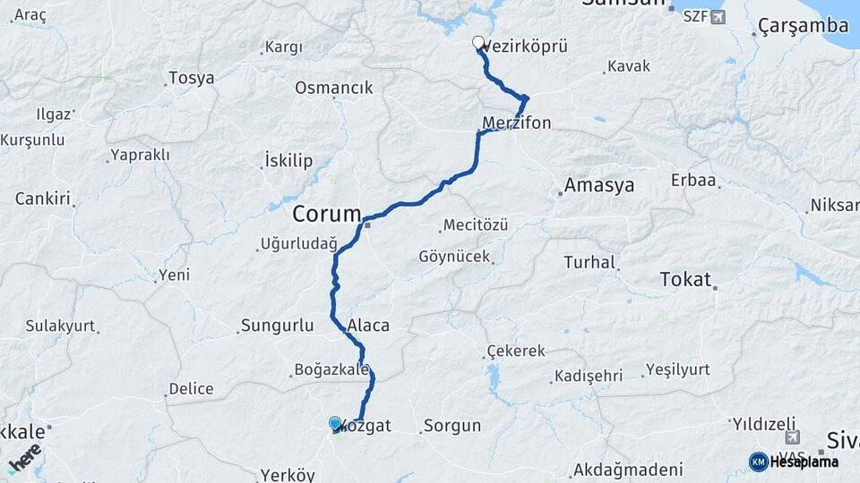 Yozgat Vezirköprü Samsun Arası Kaç Km - Yol Haritası