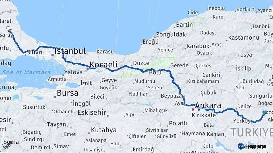 Yozgat Vize Kırklareli Arası Kaç Km - Yol Haritası