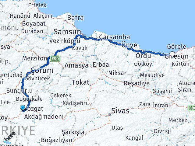 Yozgat Yağlıdere Giresun Arası Kaç Km - Yol Haritası