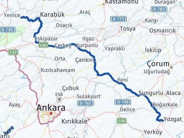 Yozgat Yenice Karabük Arası Kaç Km - Yol Haritası
