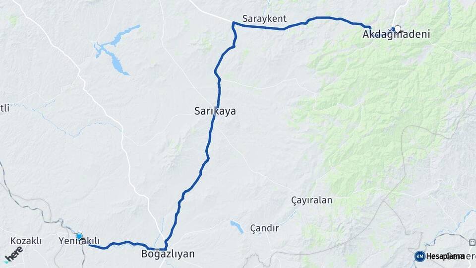 Yozgat Yenifakılı Akdağmadeni Arası Kaç Km - Yol Haritası