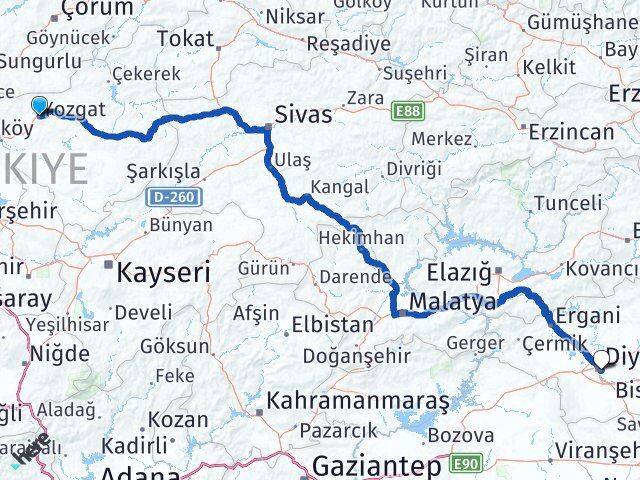 Yozgat Yenişehir Diyarbakır Arası Kaç Km - Yol Haritası