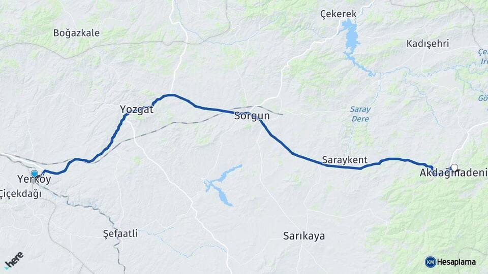 Yozgat Yerköy Akdağmadeni Arası Kaç Km - Yol Haritası