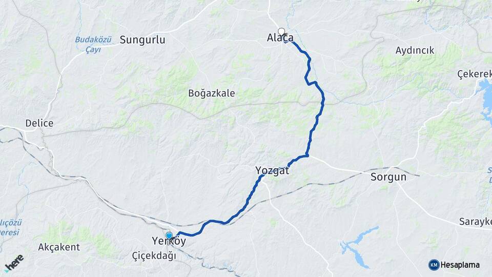 Yozgat Yerköy Alaca Çorum Arası Kaç Km - Yol Haritası