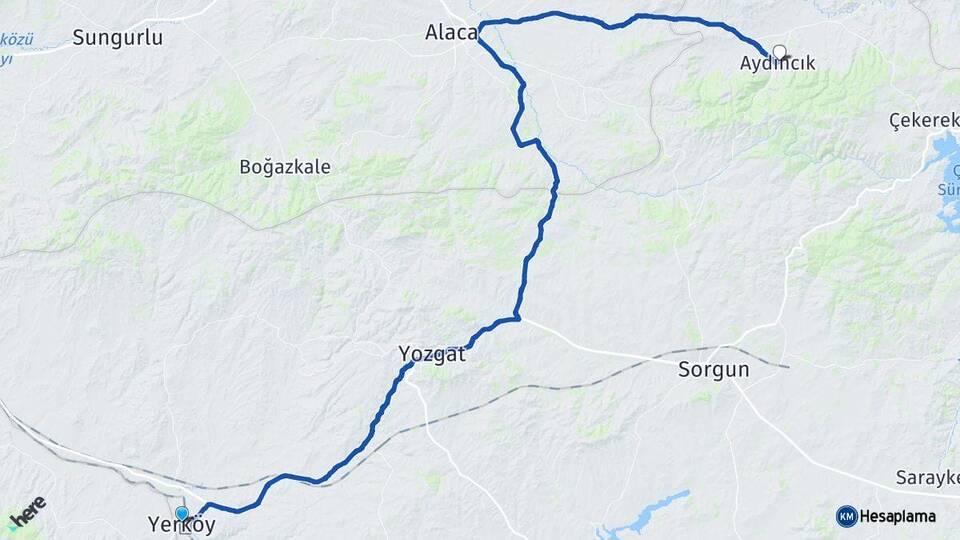 Yozgat Yerköy Aydıncık Arası Kaç Km - Yol Haritası
