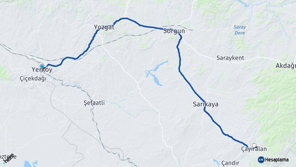 Yozgat Yerköy Çayıralan Arası Kaç Km - Yol Haritası