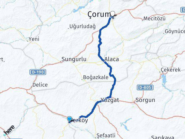 Yozgat Yerköy Çorum Arası Kaç Km - Yol Haritası