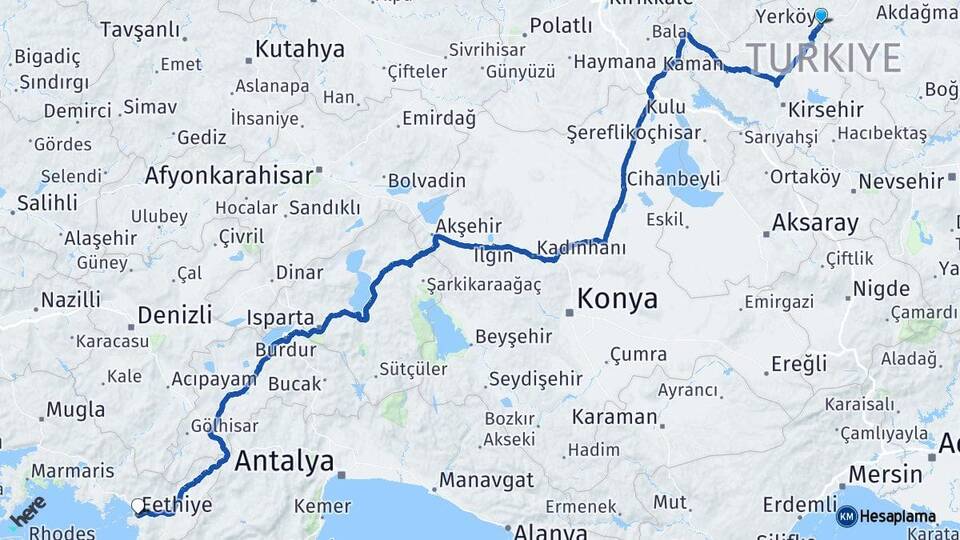 Yozgat Yerköy Fethiye Muğla Arası Kaç Km - Yol Haritası
