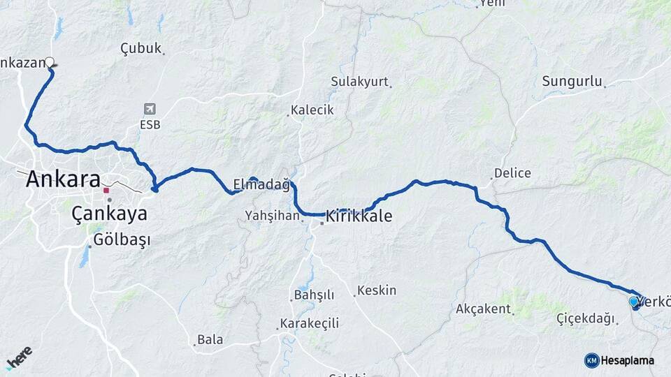 Yozgat Yerköy Kahramankazan Ankara Arası Kaç Km - Yol Haritası