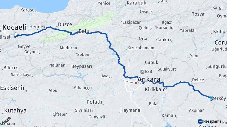 Yozgat Yerköy Sapanca Sakarya Arası Kaç Km - Yol Haritası