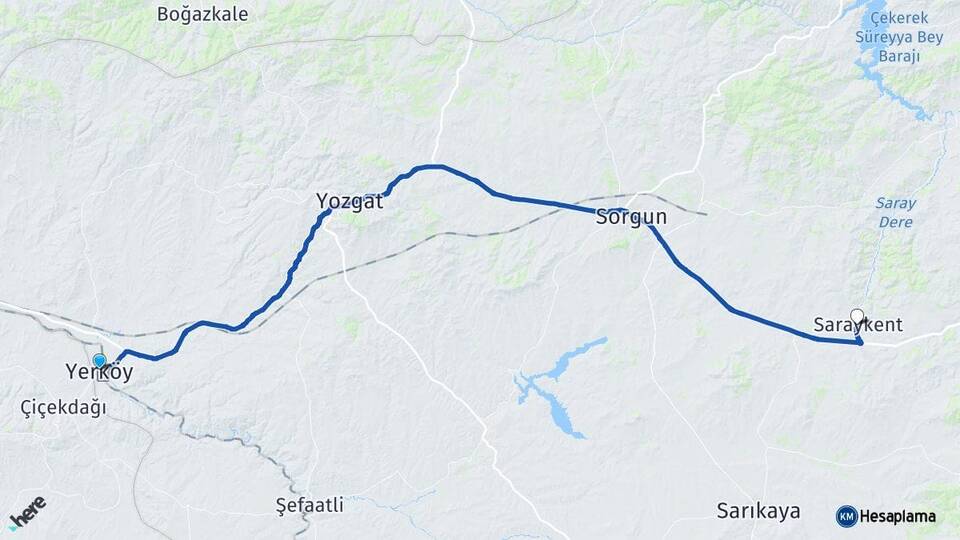Yozgat Yerköy Saraykent Arası Kaç Km - Yol Haritası