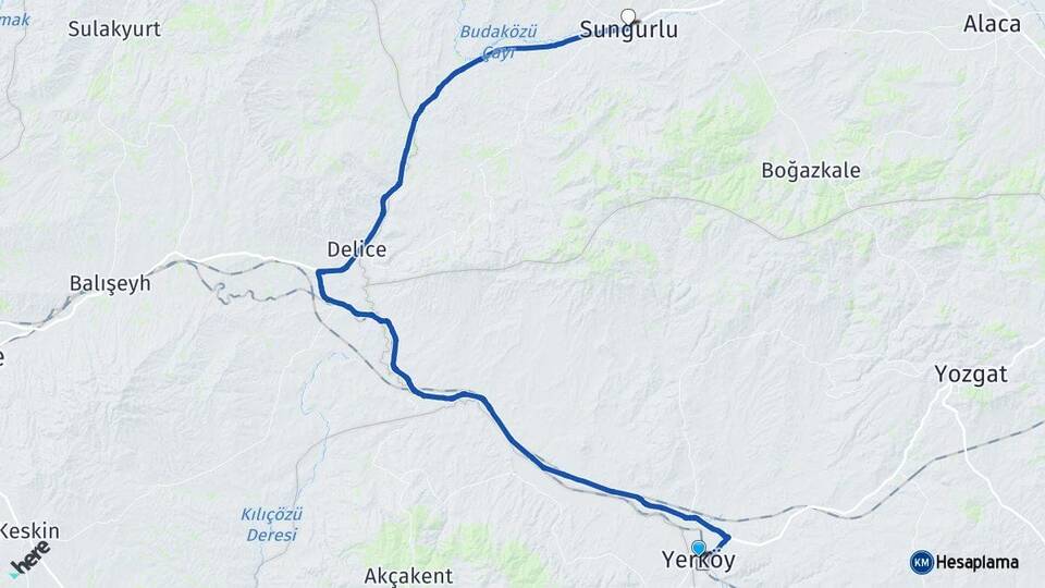 Yozgat Yerköy Sungurlu Çorum Arası Kaç Km - Yol Haritası