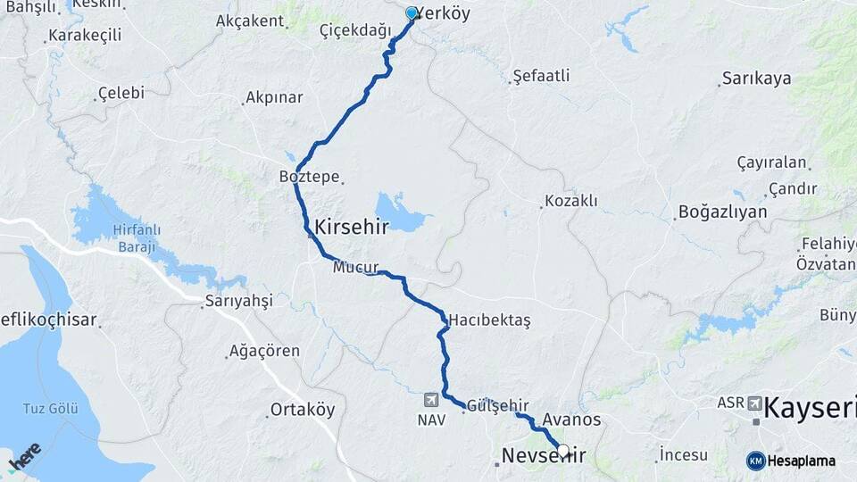 Yozgat Yerköy Ürgüp Nevşehir Arası Kaç Km - Yol Haritası