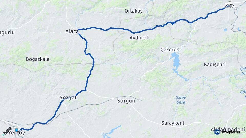 Yozgat Yerköy Zile Tokat Arası Kaç Km - Yol Haritası