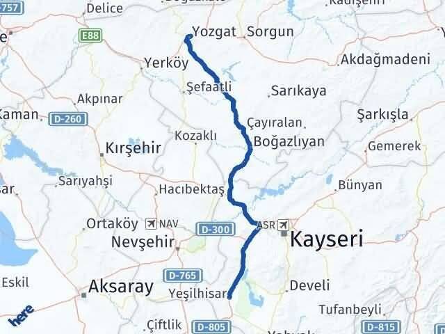 Yozgat Yeşilhisar Kayseri Arası Kaç Km - Yol Haritası