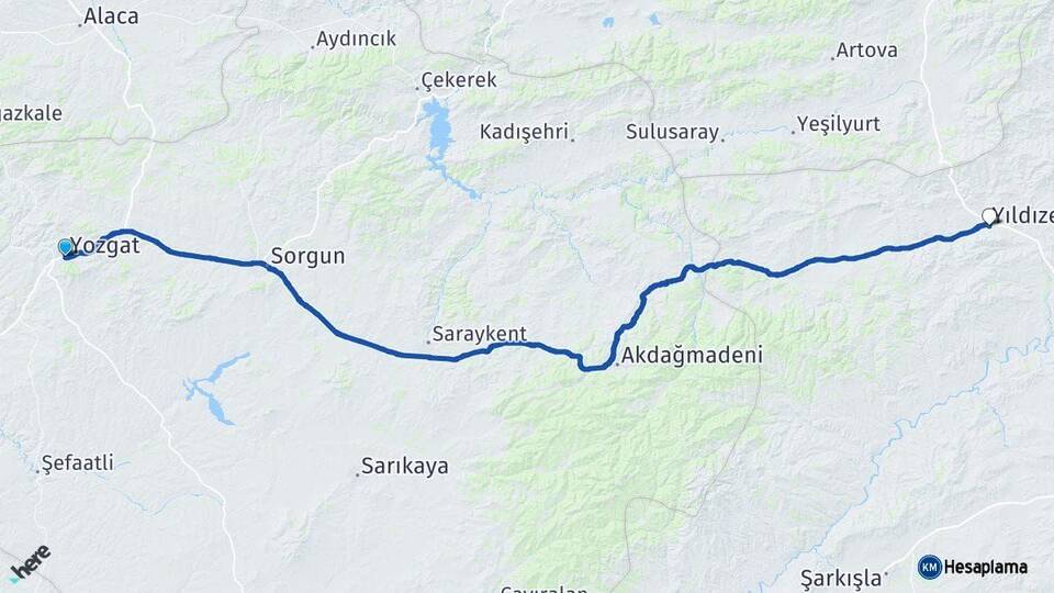 Yozgat Yıldızeli Sivas Arası Kaç Km - Yol Haritası