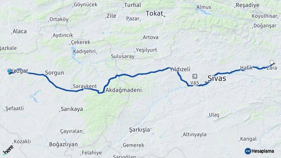 Yozgat Zara Sivas Arası Kaç Km - Yol Haritası