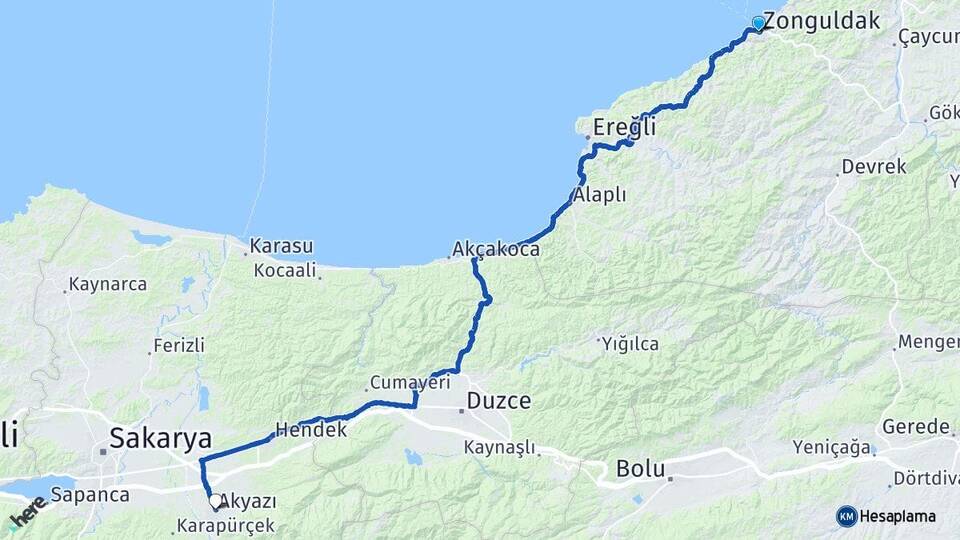 Zonguldak Akyazı Sakarya Arası Kaç Km - Yol Haritası
