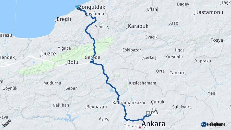 Zonguldak Akyurt Ankara Arası Kaç Km - Yol Haritası