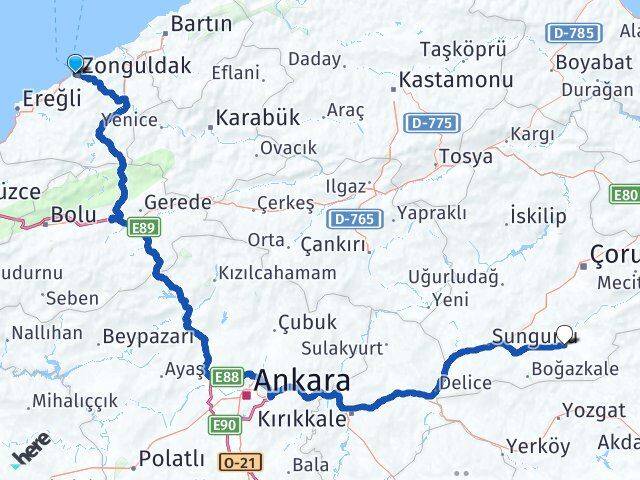 Zonguldak Alaca Çorum Arası Kaç Km - Yol Haritası