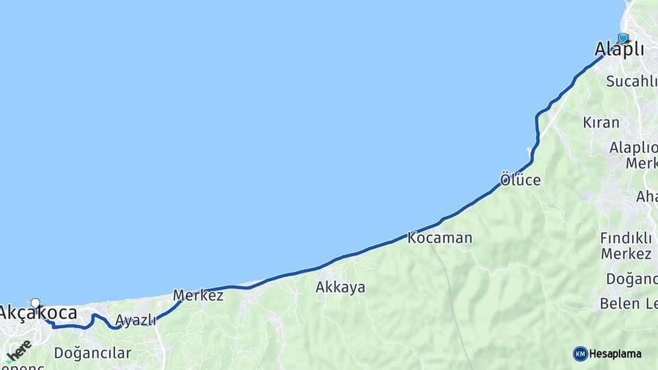 Zonguldak Alaplı Akçakoca Düzce Arası Kaç Km - Yol Haritası