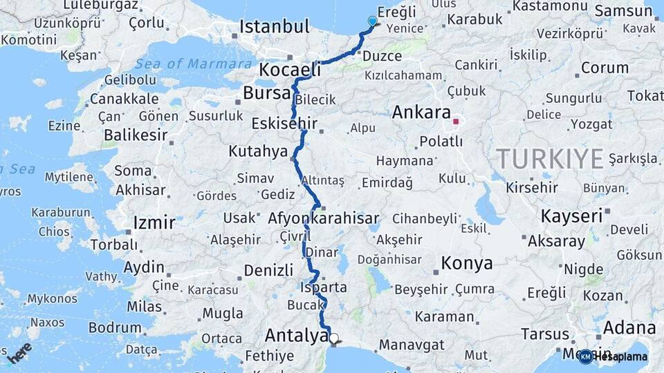 Zonguldak Alaplı Antalya Arası Kaç Km - Yol Haritası
