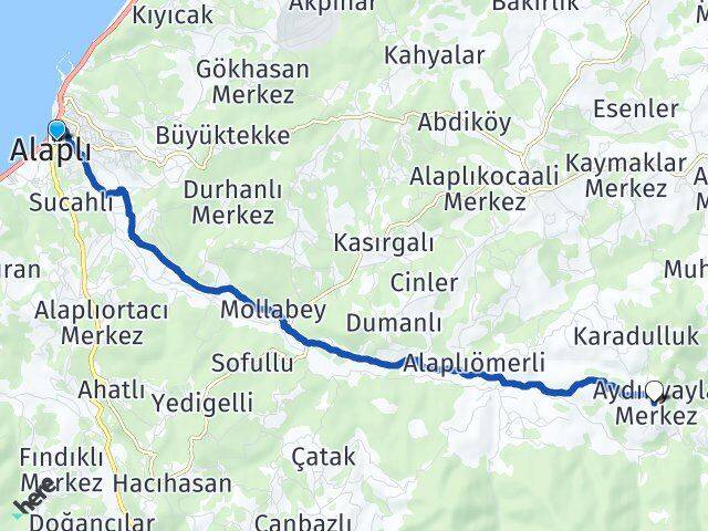 Zonguldak Alaplı Aydınyayla Alaplı Arası Kaç Km - Yol Haritası