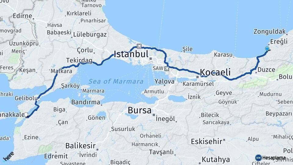 Zonguldak Alaplı Çanakkale Arası Kaç Km - Yol Haritası
