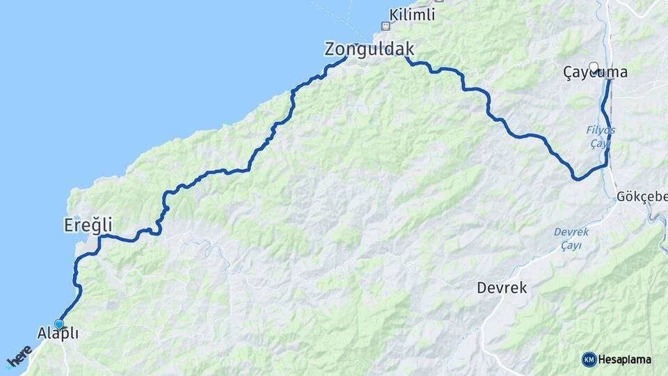 Zonguldak Alaplı Çaycuma Arası Kaç Km - Yol Haritası