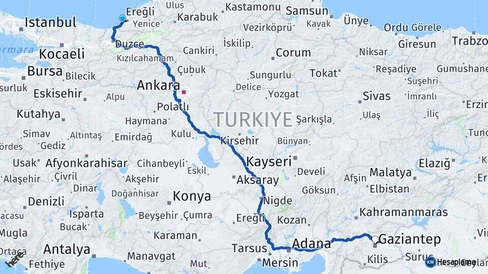 Zonguldak Alaplı Gaziantep Arası Kaç Km - Yol Haritası